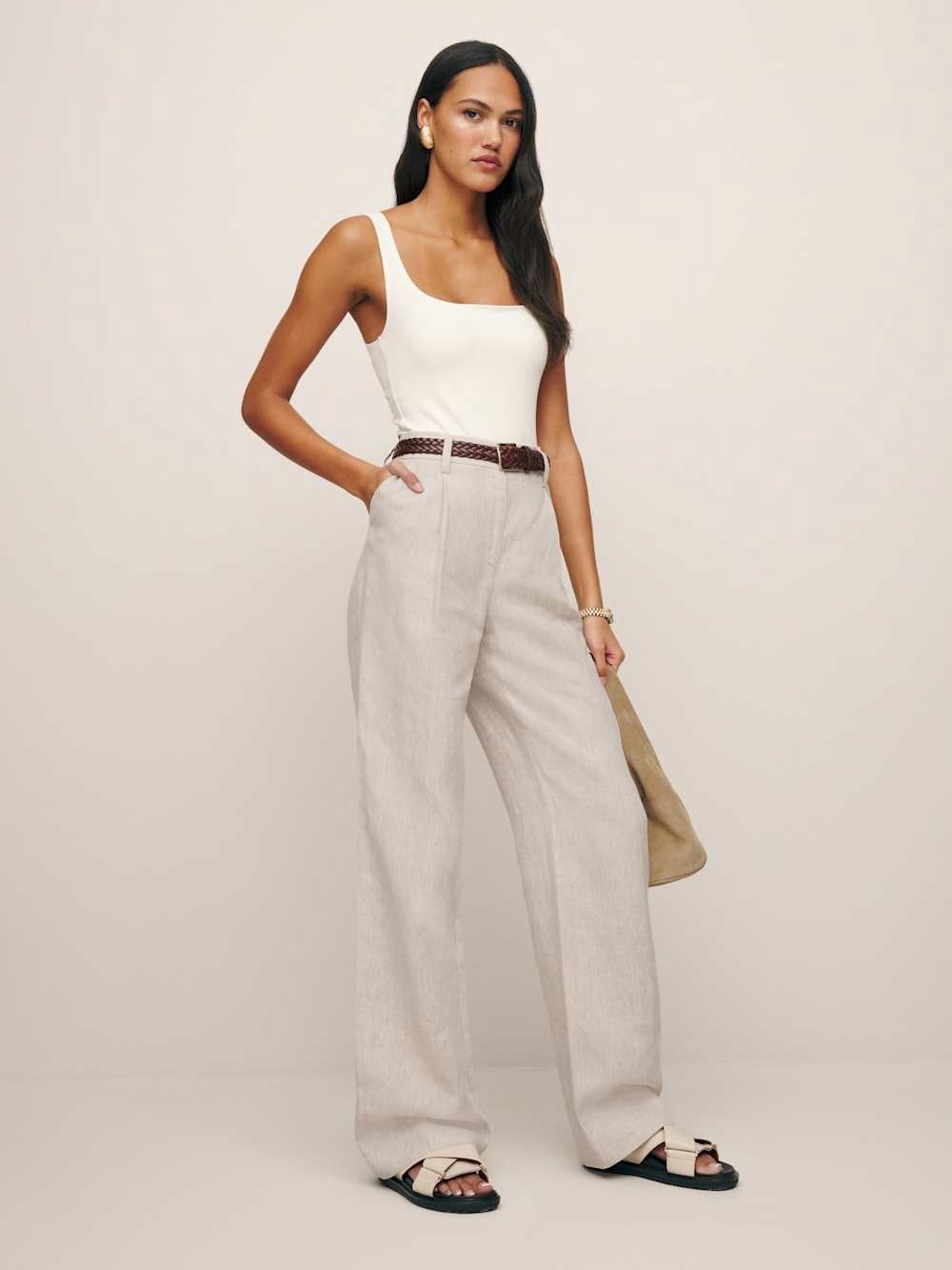 Reformation Oatmeal Beige Linen Alex Wide Leg Pleated Trouser Pants - US 10